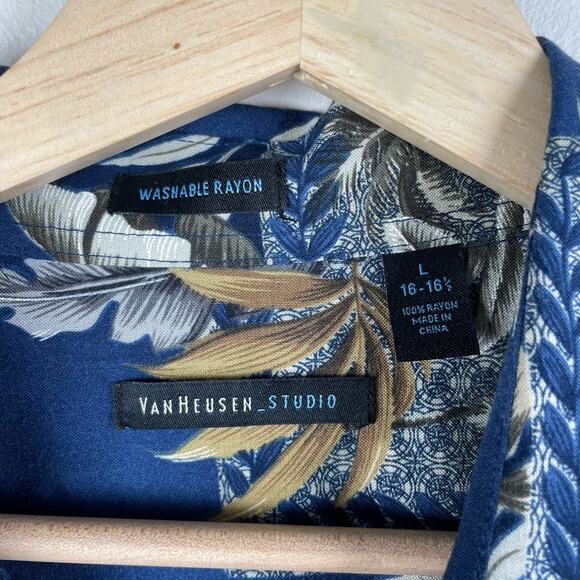 Van Heusen Hawaiian Aloha Tropical Button Up Short Sleeve Shirt Blue Size L - Picture 4 of 8